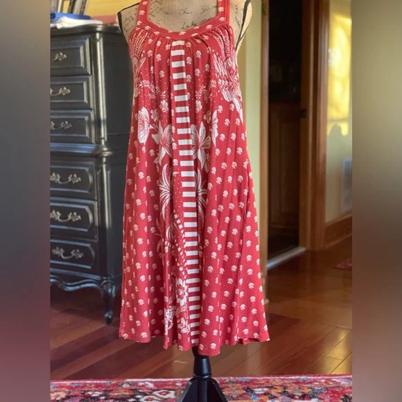 open lace back dress Pink Palm Tree Stripes Cutwork Organic Cotton Midi Dress
